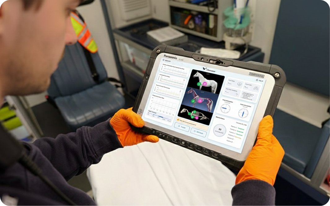 Real-time Vibrome™ biosignature platform output showing respiratory efficiency cardiac rhythm and early disease detection for equine performance monitoring